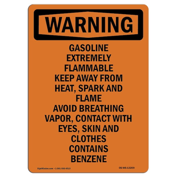 Safety Sign, OSHA WARNING, 24" Height, Gasoline Extremely Flammable Keep, Portrait